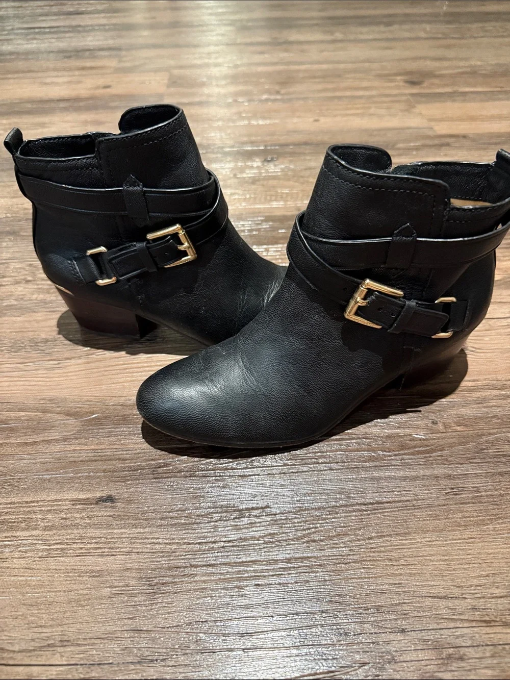 Coach Black Leather Ankle Booties with Gold Buckle